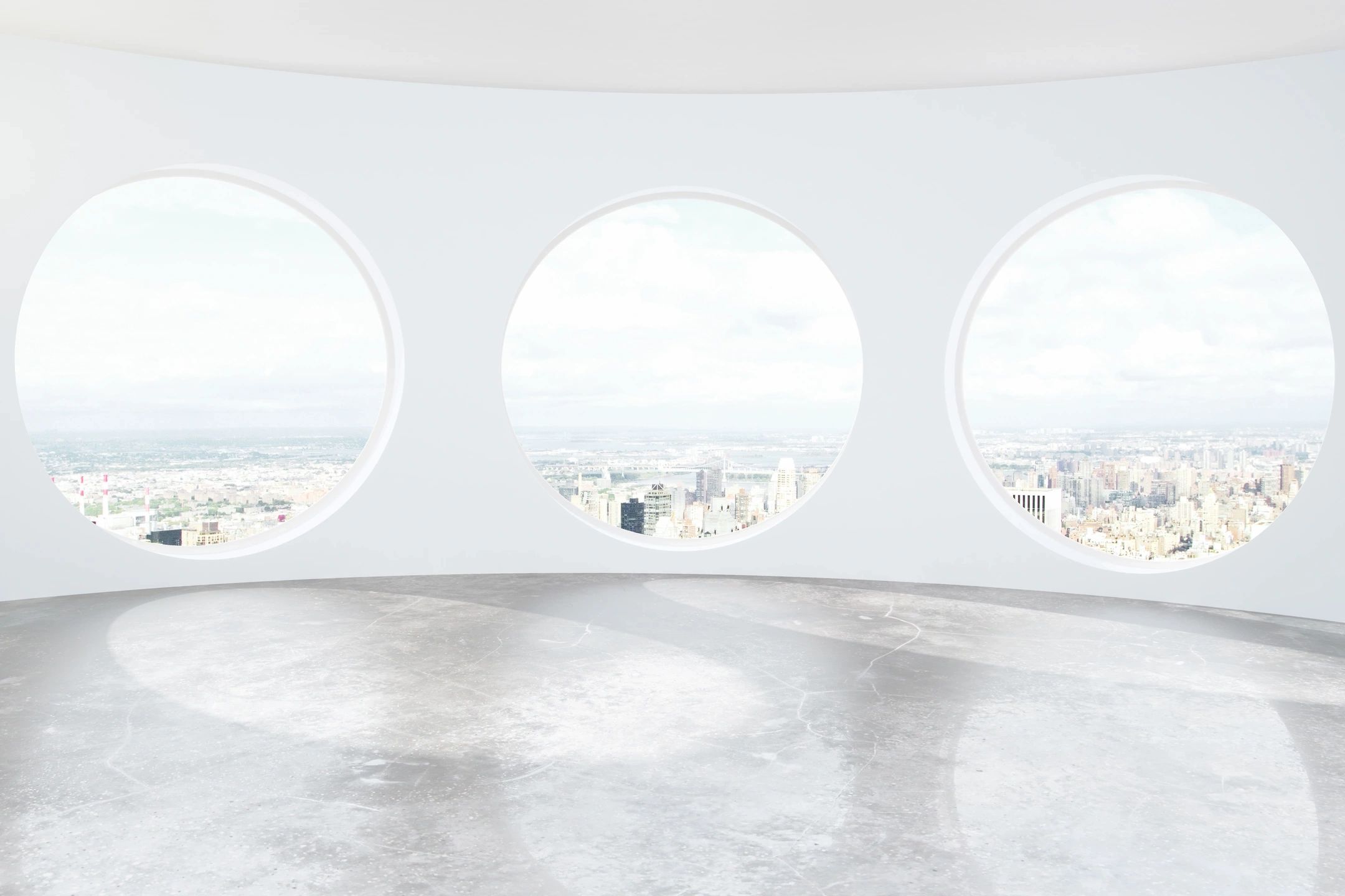 Modern minimalist interior with circular windows and cityscape